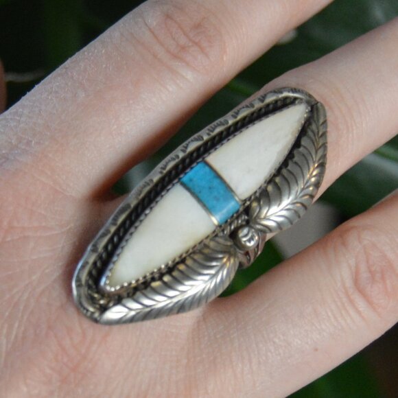 Jewelry - Vintage Navajo Sterling, Turquoise & Mother of Pearl Inlay Ring, Size 7.75